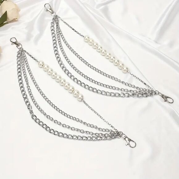 2pcs Decorative Elegant Chic Pearl & Chain Shoe Boot Anklet Chain Set - Picture 5 of 6